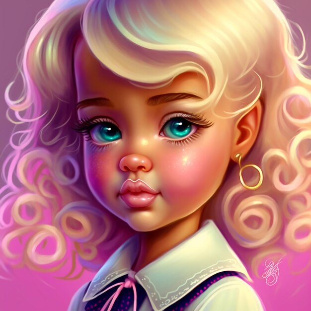 Blond haired girl with blue eyes and a pink bow generative ai