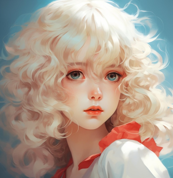 blond haired girl with blue eyes and a red bow generative ai