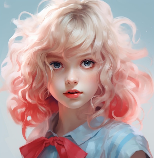 blond haired girl with pink hair and a red bow generative ai