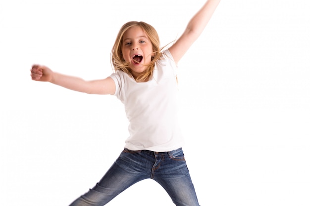 Photo blond kid girl indented jumping high wind on hair