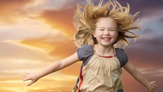 Photo blond kid girl indented jumping high wind on hair