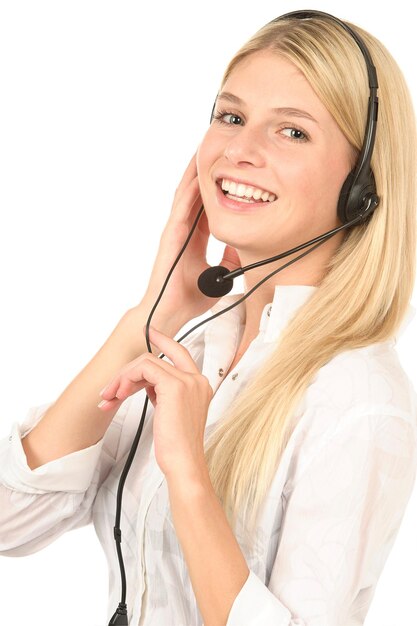 Blond lachend meisje in de call center achtergrond white