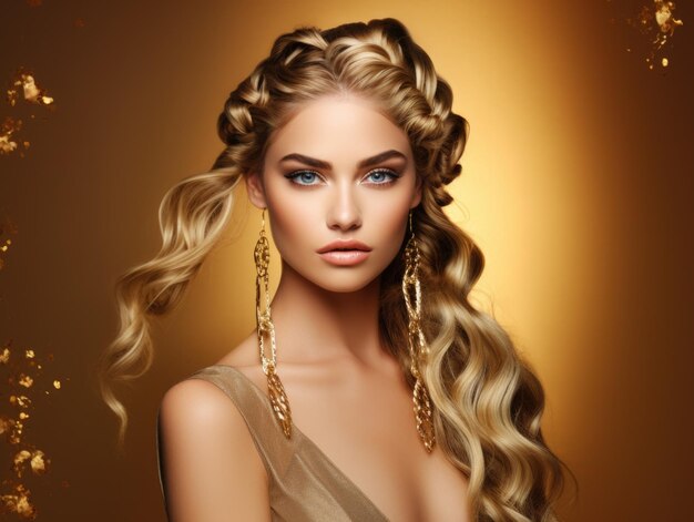 Photo blond model woman with long hair care and beauty hair products gold luxury background