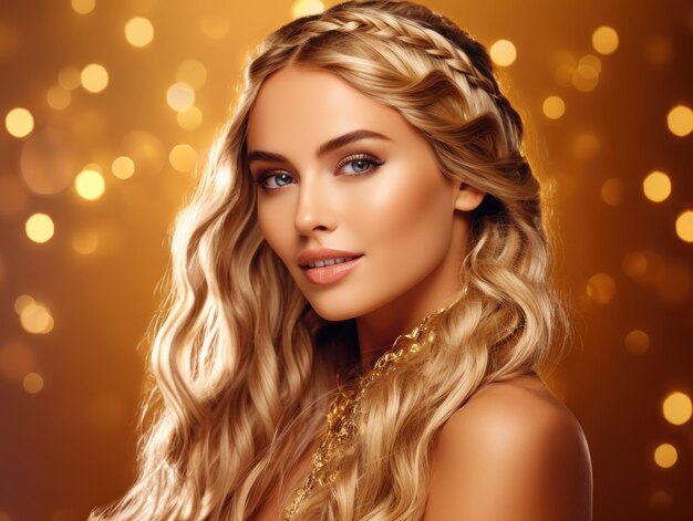 Blond model woman with long hair Care and beauty hair products Model with jewelry