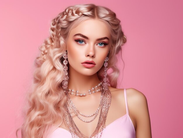 Блондинка-модель с длинными волосами Уход и красота для волос Фиолетовый роскошный фон