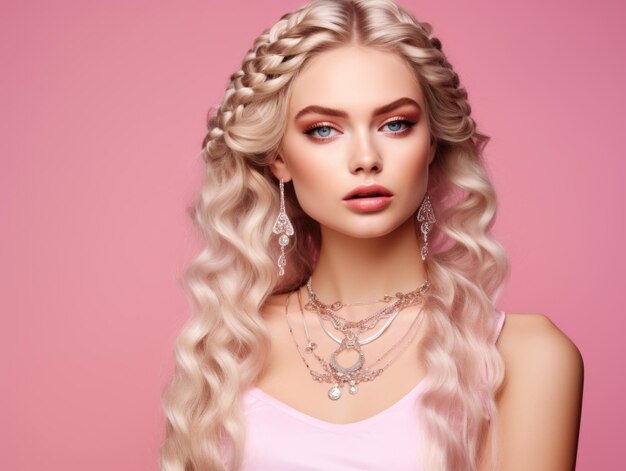 Блондинка-модель с длинными волосами Уход и красота для волос Фиолетовый роскошный фон