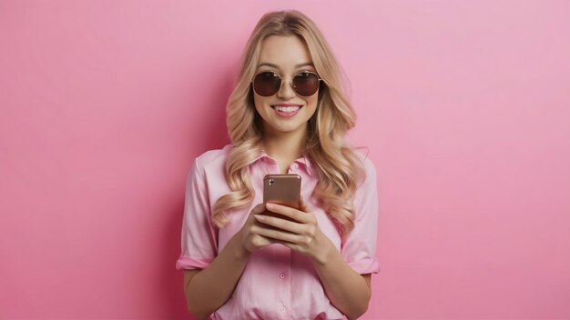 Foto bella donna bionda in camicia rosa sorridente che tiene in mano usando uno smartphone che posa su pink isolato s