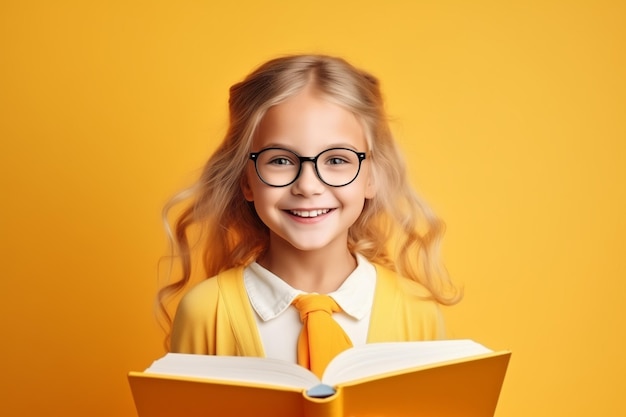 안경을 쓴 금발 학교 소녀와 노란색 배경에 카메라를 보는 재미있는 책.