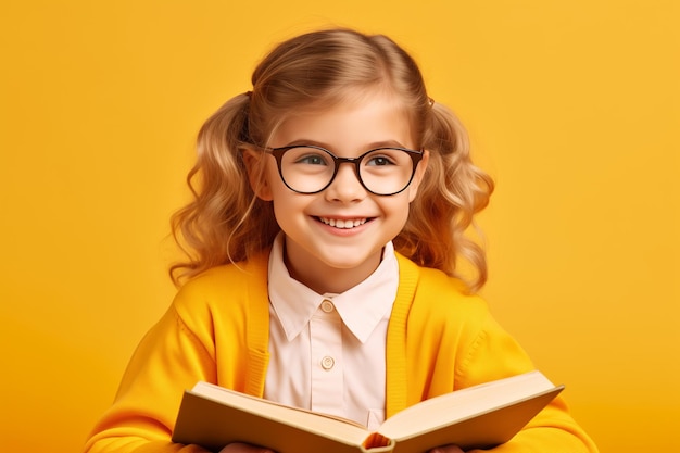 Blond school girl kid 79 years in glasses on the yellow background studio shot