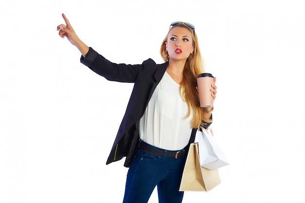 Blond shopaholic woman bags white background