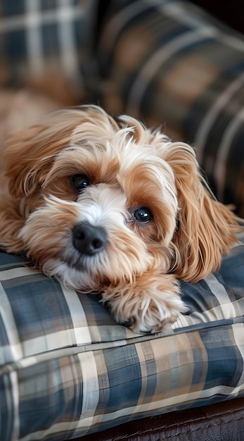 Blond sporting group dog lounges on liver plaid couch