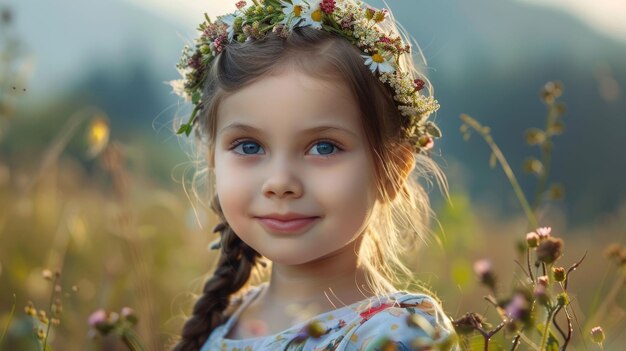 Blond toddler with flower headpiece smiling on grass aig