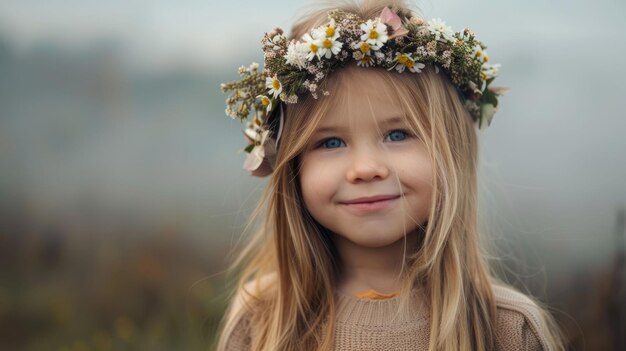 Blond toddler with flower headpiece smiling on grass aig