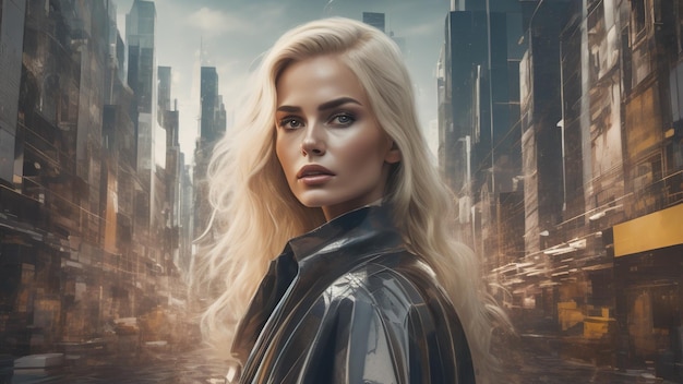 Blond woman on abstract futuristic cityscape background Generative AI