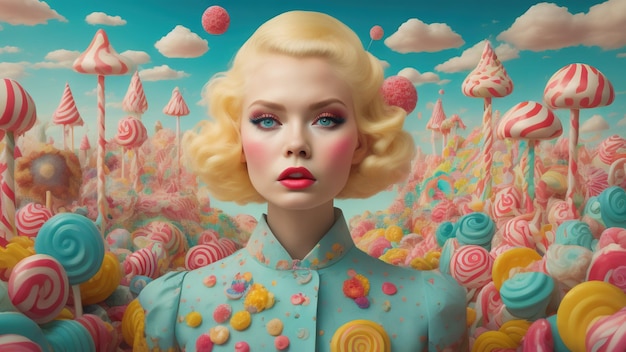 Blond woman in candy land Generative AI