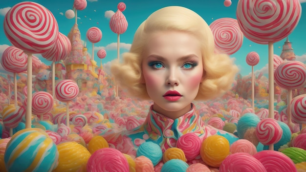 Blond woman in candy land Generative AI