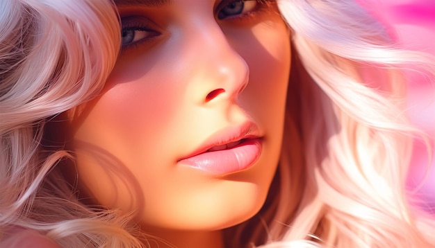 Blond woman close up on lips with lipstick or lipgloss Ruby red Closeup portrait Hairstyle styling