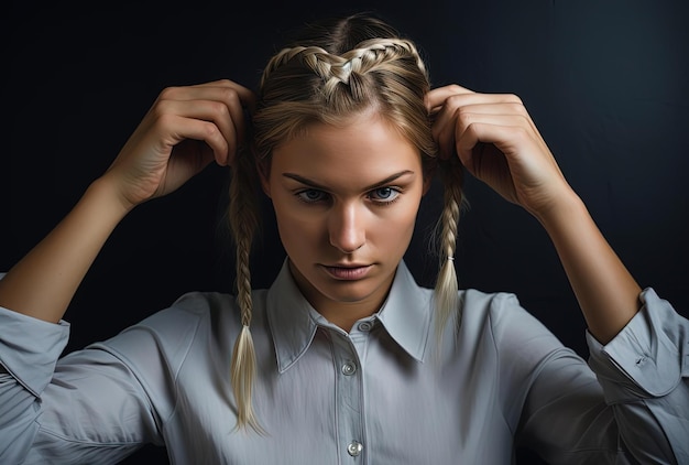 blond woman doing her hair in a simple braid in the style of abrasive authenticity