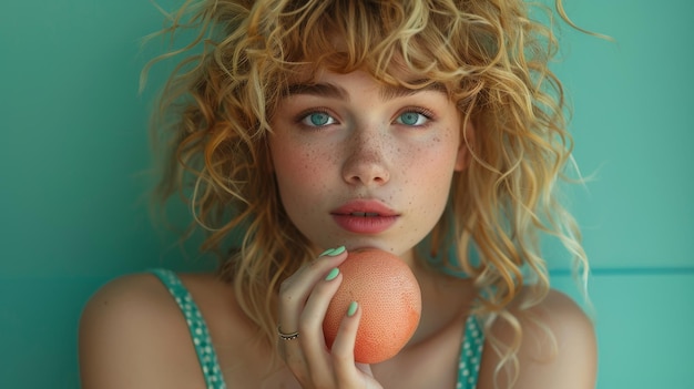 Photo a blond woman eating a grapefruit with long curls and green polkadot accessories