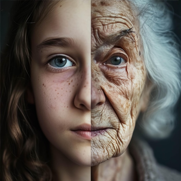 Photo a blond woman face half of a young girl and half of the same person as an elderly person