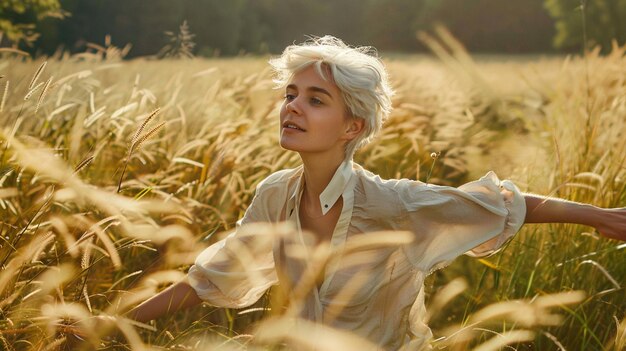 Photo blond woman in a field of tall grass with her arms outstretched generative ai