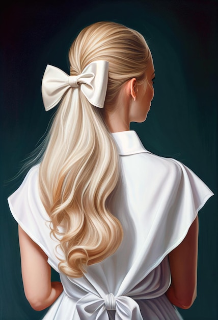 Blond woman from behind with bow on ponytale hairstyle