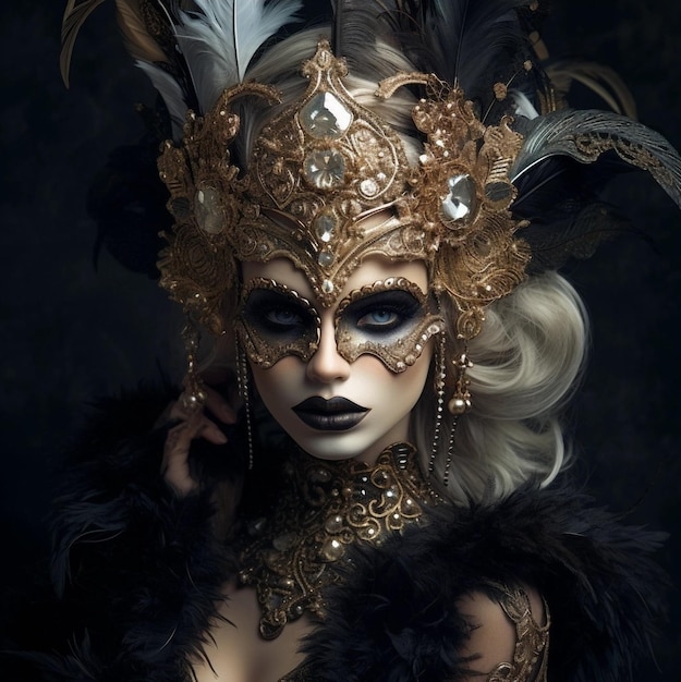 Blond woman in golden mask wearing black dress Ai Artificial Intelligence technology concept