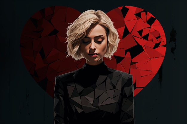 Photo a blond woman holds a broken heart a fantastic image of a broken heart in a chest a broken heart