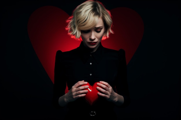 Photo a blond woman holds a broken heart a fantastic image of a broken heart in a chest a broken heart