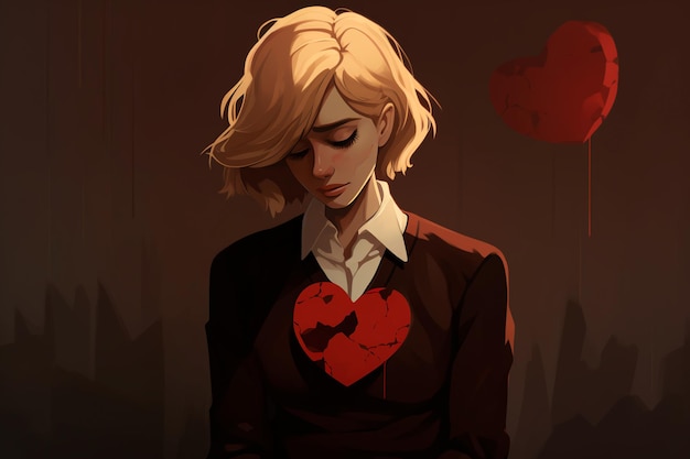 A blond woman holds a broken heart A fantastic image of a broken heart in a chest A womans heart