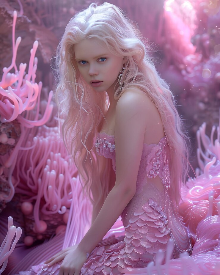 Photo blond woman in pink dress sitting on pink flowers in a pink room
