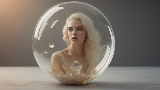 Blond woman portrait inside of transparent bubble Generative AI
