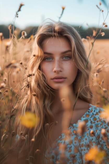 Blond woman posing on summer field