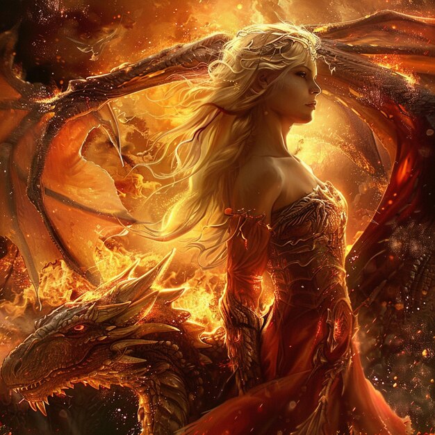 blond woman in a red dress with a dragon in her hand generative ai