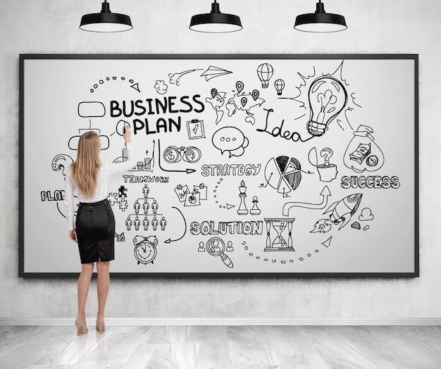 Photo blond woman in a suit drawing a business plan sketch on a whiteboard. concept of strategic thinking. 3d rendering.