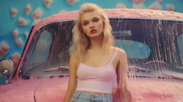 Blond woman washes the car