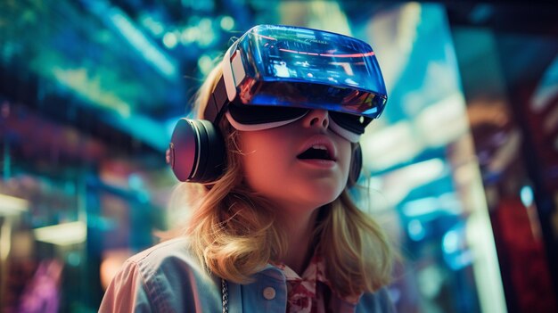 Blond woman wearing a pair of headphones and a virtual reality headset generative ai