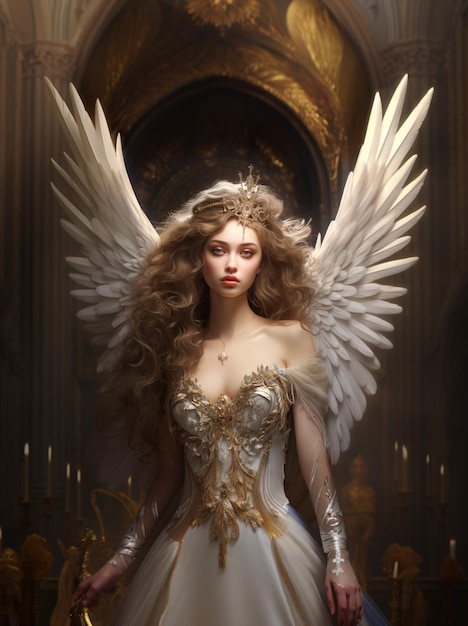 blond woman in a white dress with angel wings and a golden crown generative ai