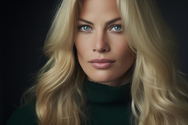 blond woman with blue eyes and a turtleneck sweater posing for a picture generative ai