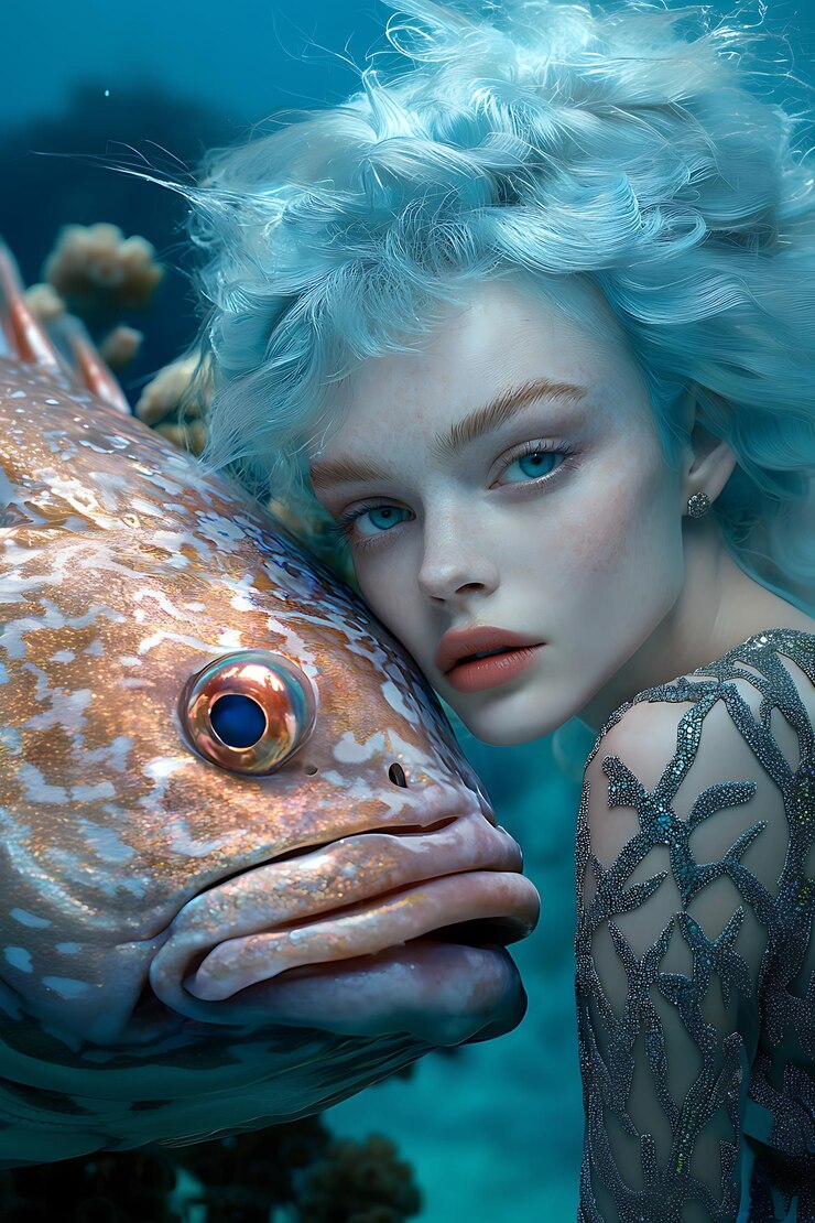 Photo blond woman with blue hair and a fish in her hands