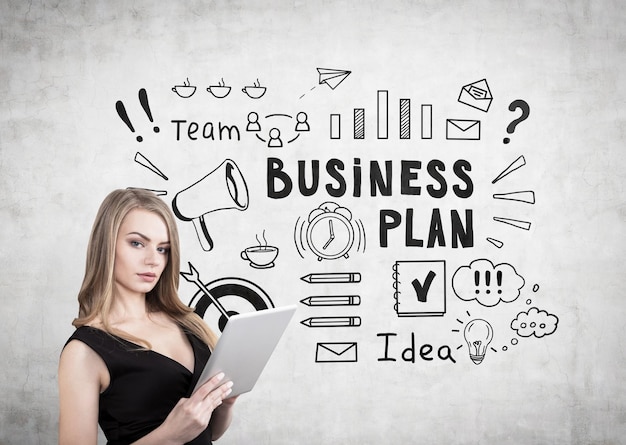 Blond woman with a cleavage and business plan