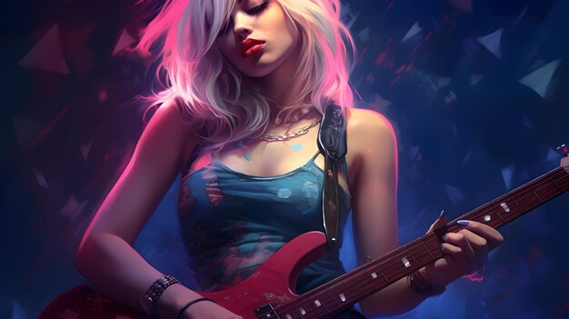 blond woman with guitar in a blue dress and pink hair Generative AI