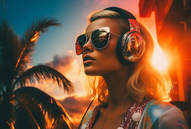 Blond woman with headphones posing at night with a sun