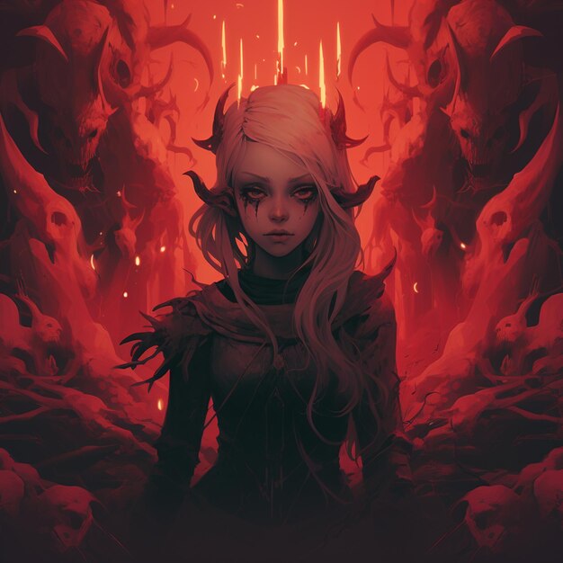 Blond woman with horns and horns in a red background generative ai