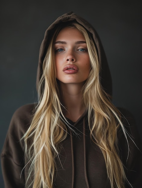 blond woman with long hair wearing a hoodie and posing for a picture