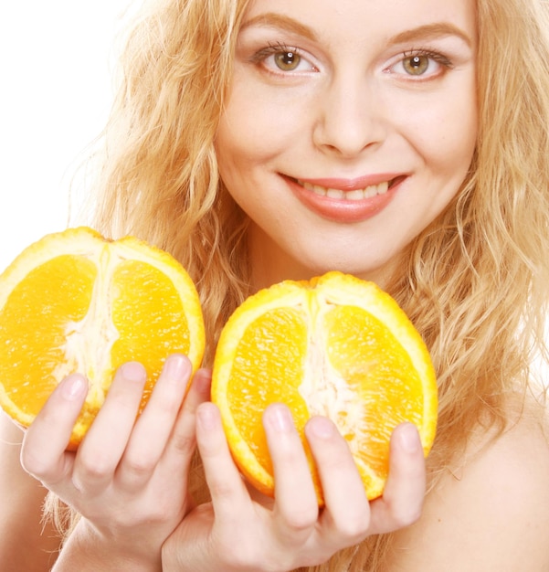 Blond woman with oranges in her hands