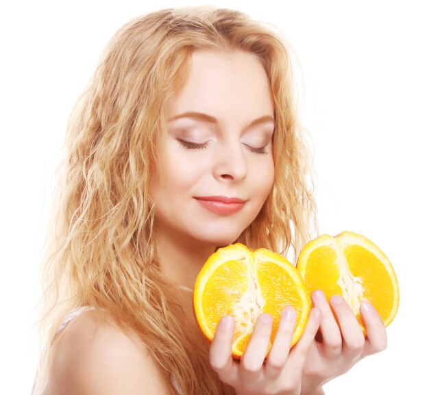 Blond woman with oranges in her hands