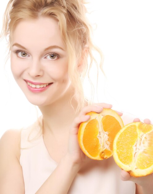 Blond woman with oranges in her hands