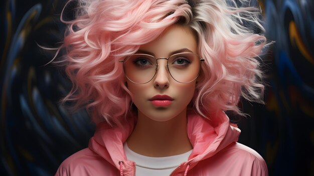 blond woman with pink hair and glasses posing for a picture Generative AI