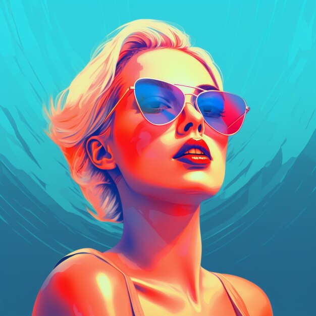 Blond woman with sunglasses and blue background generative ai